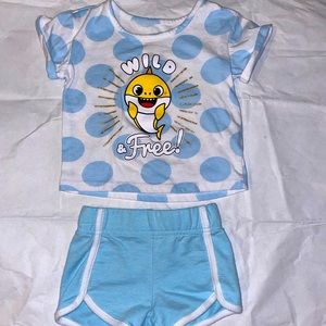 Pink Fong Baby Shark Cropped Shirt and matching blue Shorts 18 months